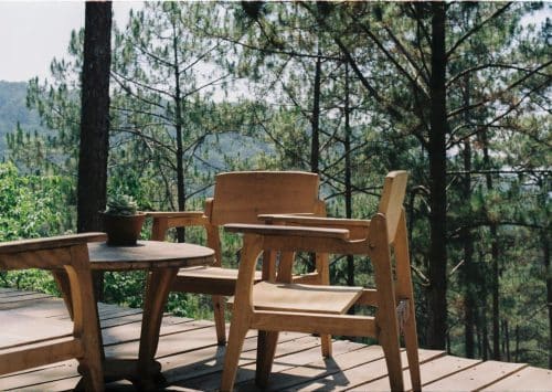 Wood deck in a backyard outdoor living space with greenery